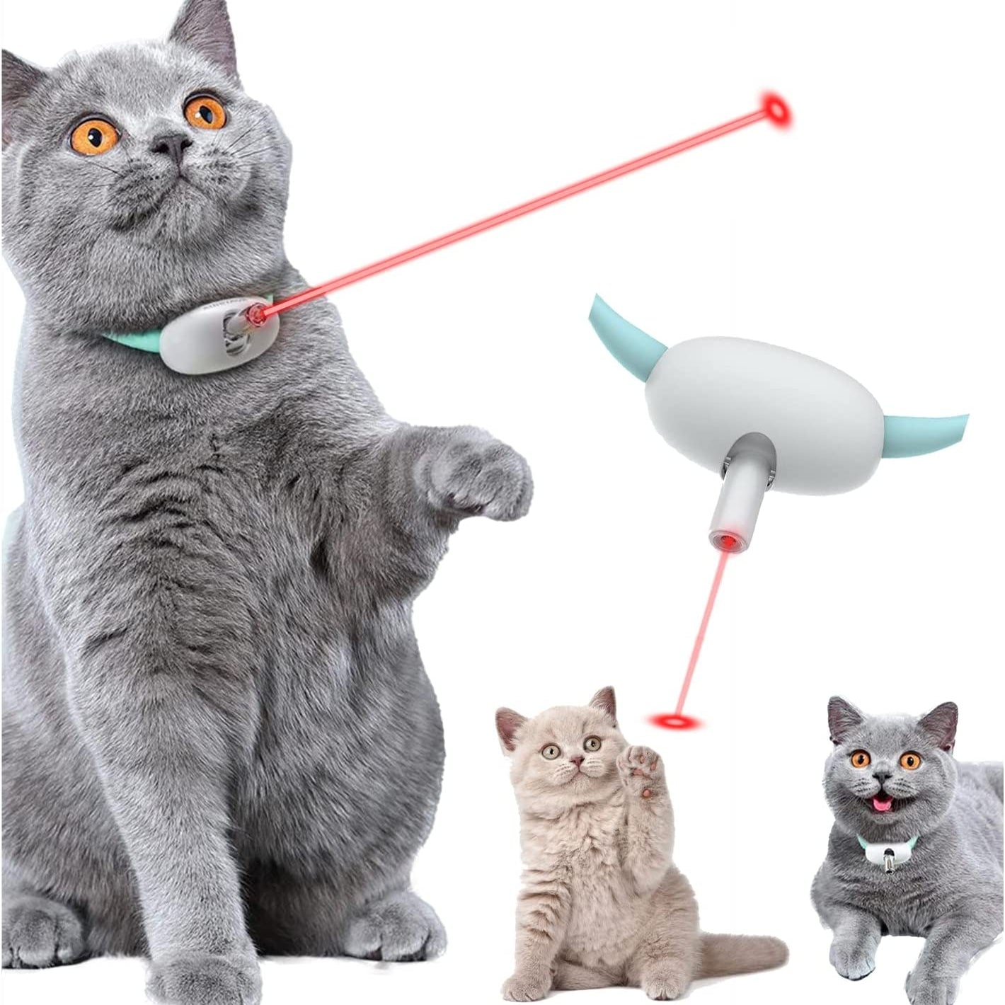 CJ automatic cat toy laser teasing collar with USB charging, interactive kitten amusement and training device, shown on a cat.
