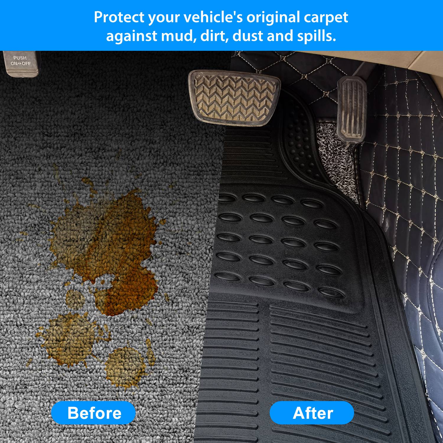 Set of three PVC rubber automotive floor mats for front and rear, heavy-duty car mats with trimmable design for most cars and SUVs.
