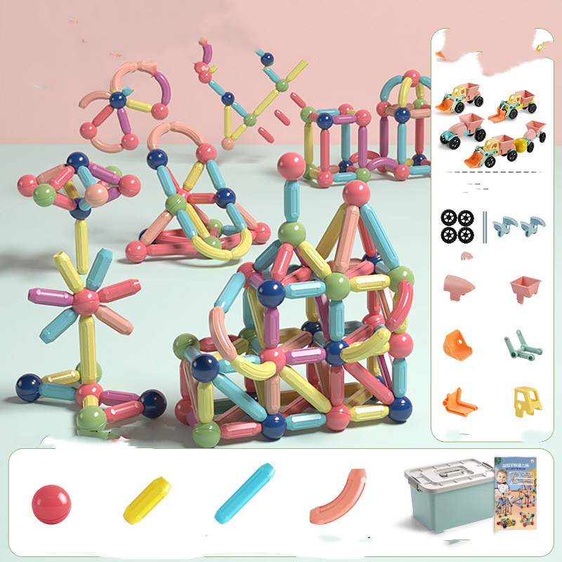 Children's magnetic building blocks toy set by CJ, showing colorful assembled magnetic rods for creative construction.