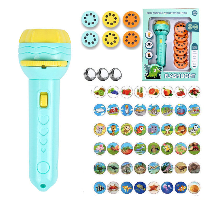 Children's projection flashlight toy by CJ showing literacy figures, designed for early education and interactive learning.