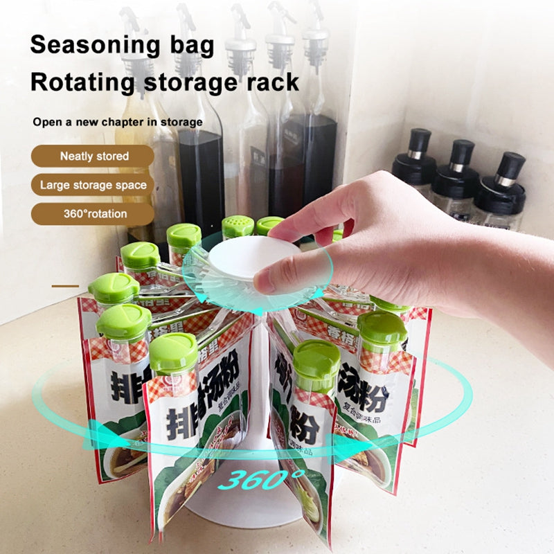 CJ Rotary Rack Kitchen Spice Bag Storage Rack with adjustable compartments and rotating design for organized spice storage.