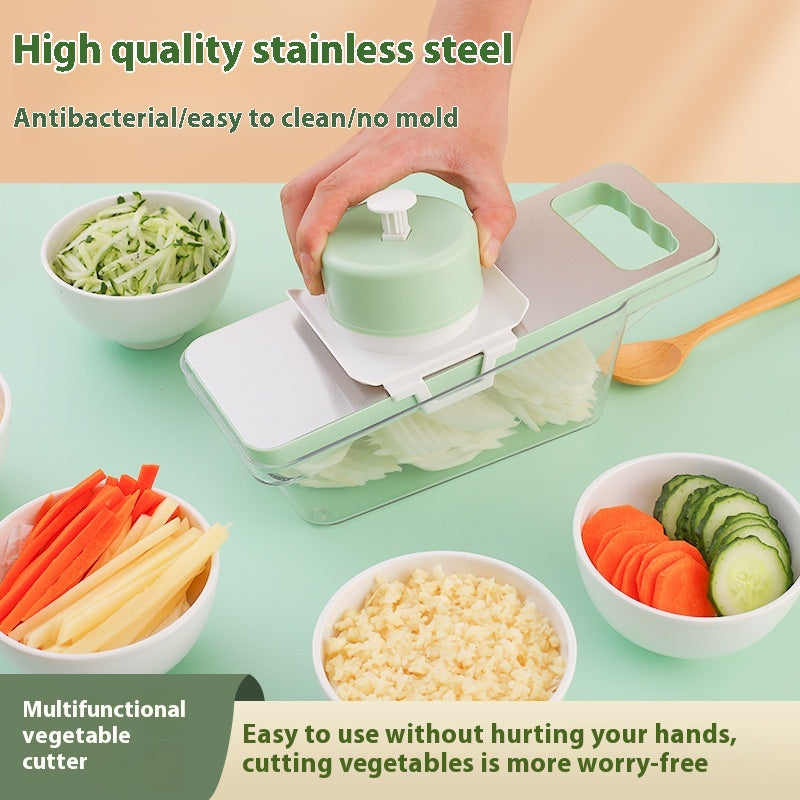 CJ stainless steel multi-function vegetable chopper with hand guard for safe, efficient kitchen vegetable preparation.