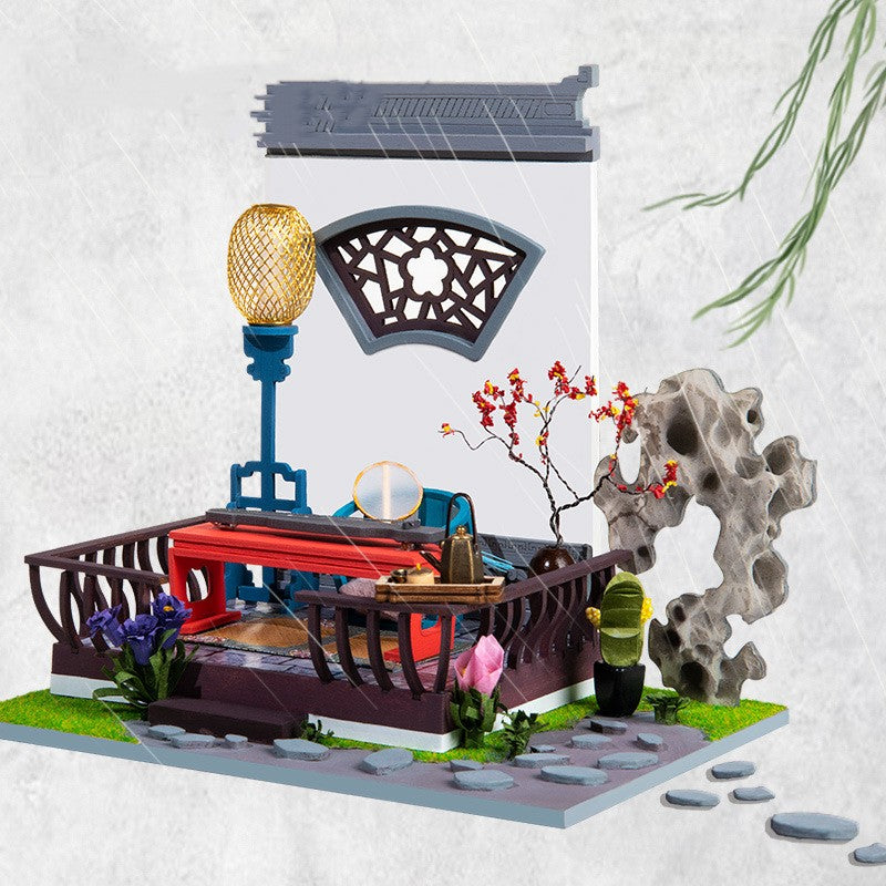 Handmade DIY retro cottage architectural model from CJ's blind box collection, featuring detailed miniature house with vintage design.