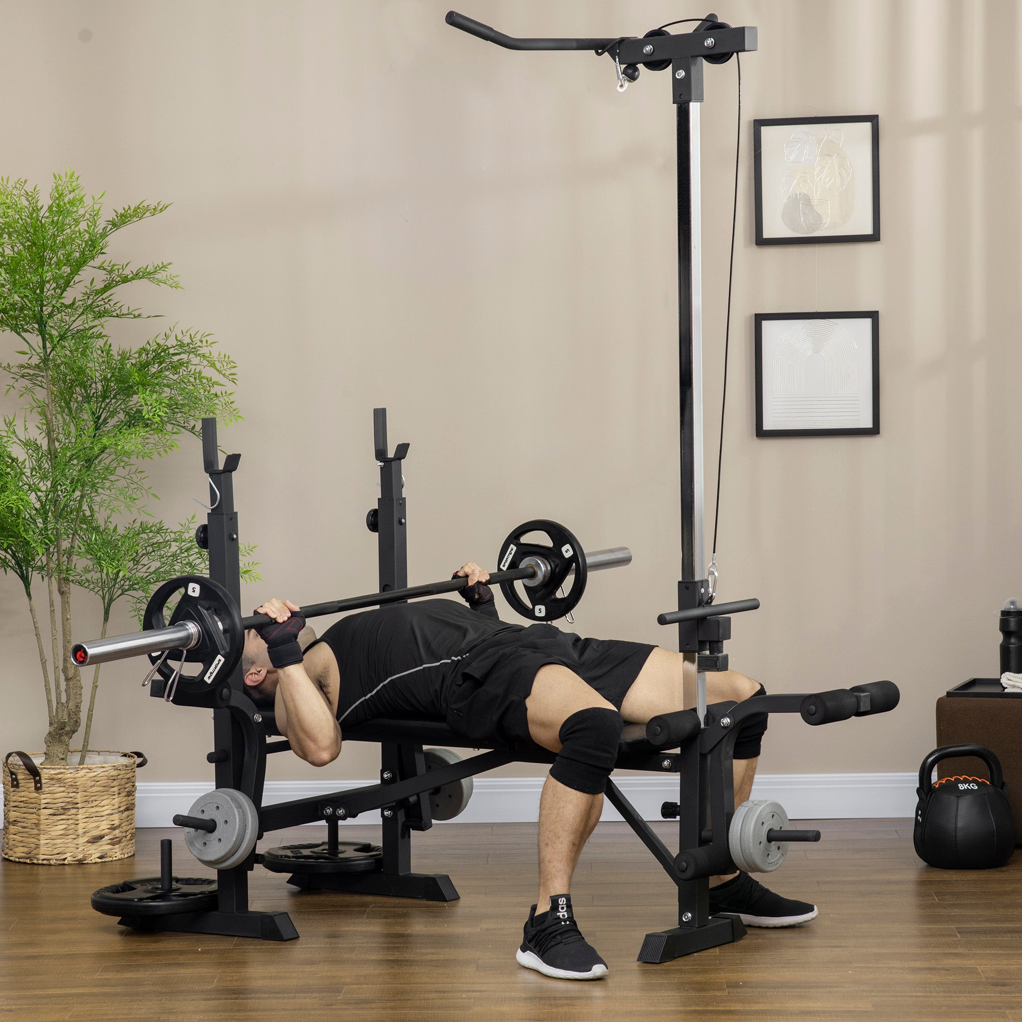 CJ adjustable weight bench with pulley system, incline press, squat rack, leg developer, and weight storage for full body workouts.