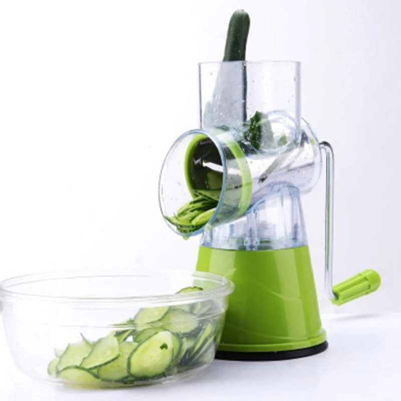 CJ Factory multi-function hand-cranked vegetable cutter with stainless steel blades and ergonomic handle for easy slicing and chopping.