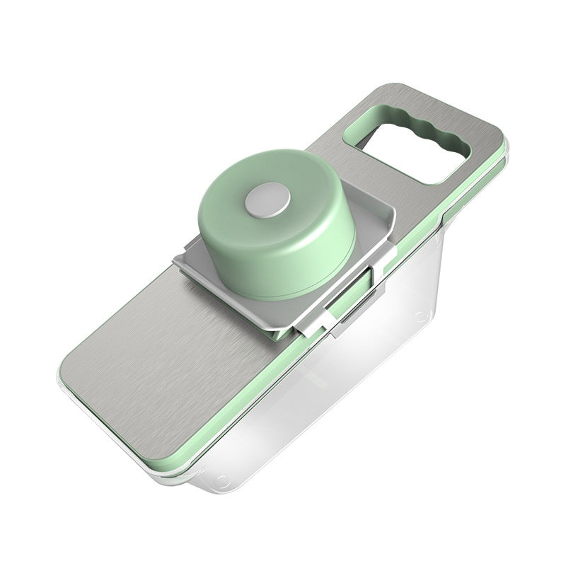 Stainless steel multi-function vegetable chopper by CJ with a hand guard for safe and efficient kitchen food prep.