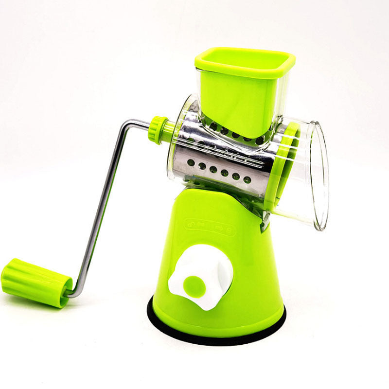 CJ Factory multi-function hand-cranked vegetable cutter with stainless steel blades and adjustable settings for slicing and dicing vegetables.