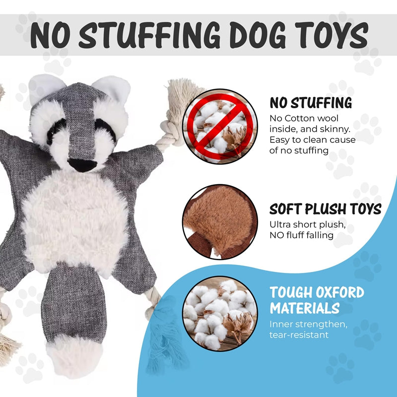 Soft plush dog toys including squeaky fox, squirrel, and animal shapes for chewing and play, by CJ.