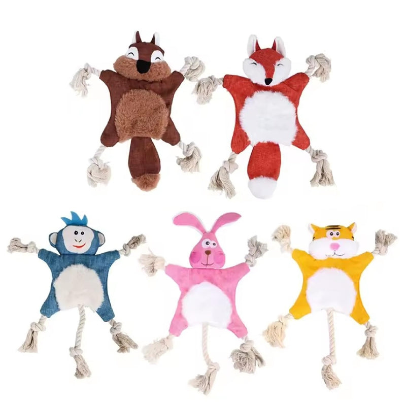 Cj plush dog toys including squirrel, fox, and animal squeaky toys for chewing and play for dogs and cats.