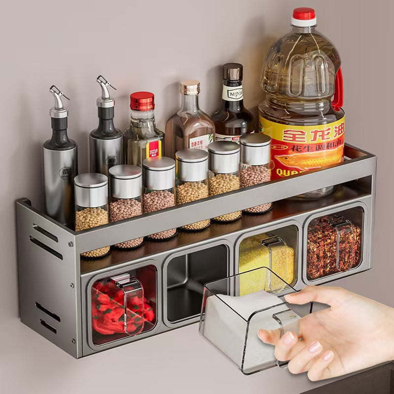 CJ Household Fashion Kitchen Spice Storage Rack with multiple compartments for organizing spice jars and bottles.