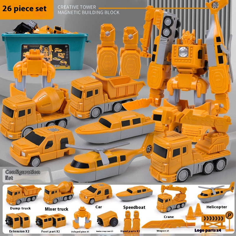 Colorful magnetic building blocks by CJ for children, showing various assembled shapes and creative structures for educational play.