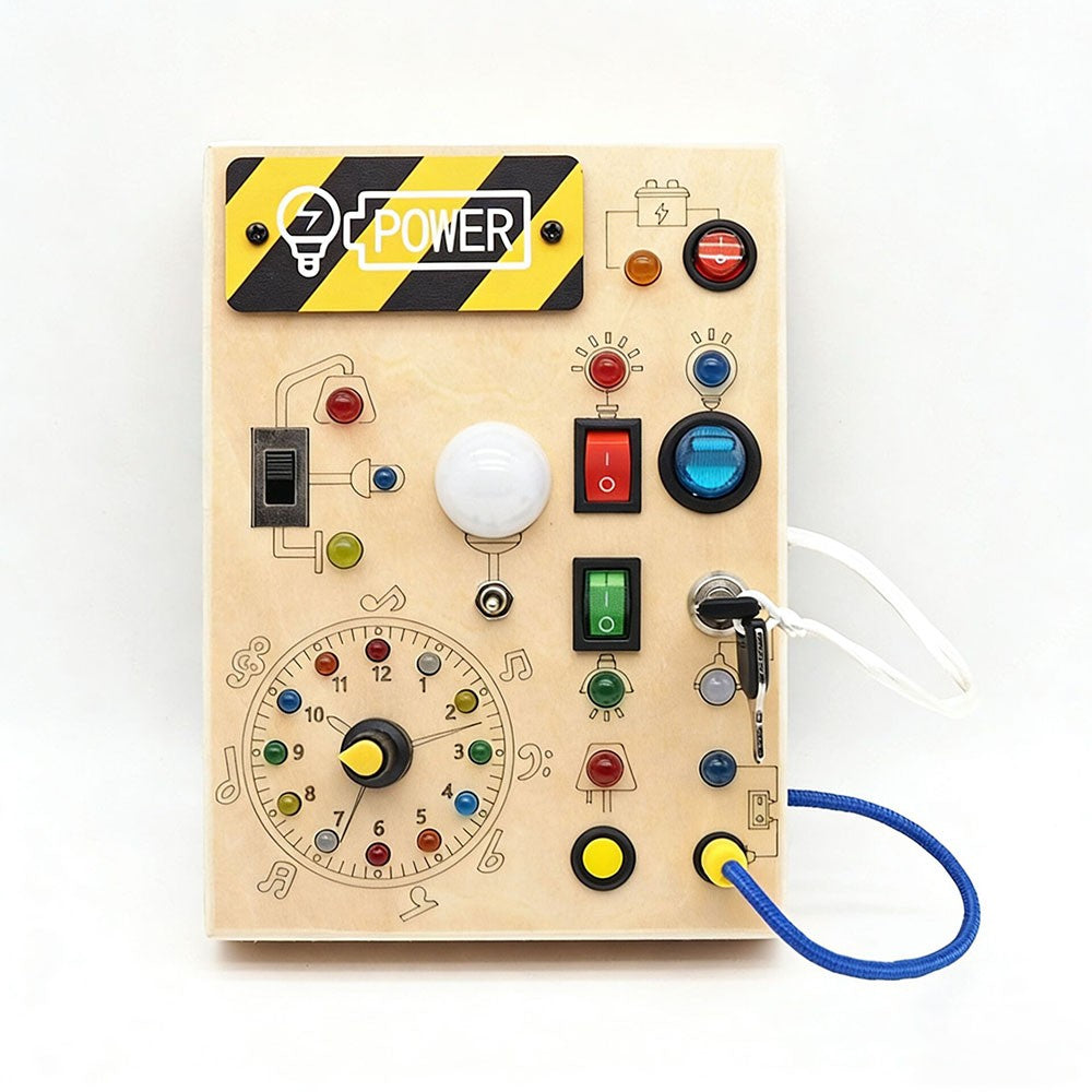 Montessori wooden busy board for toddlers by CJ, featuring sensory toys and fidget activities for developmental play.