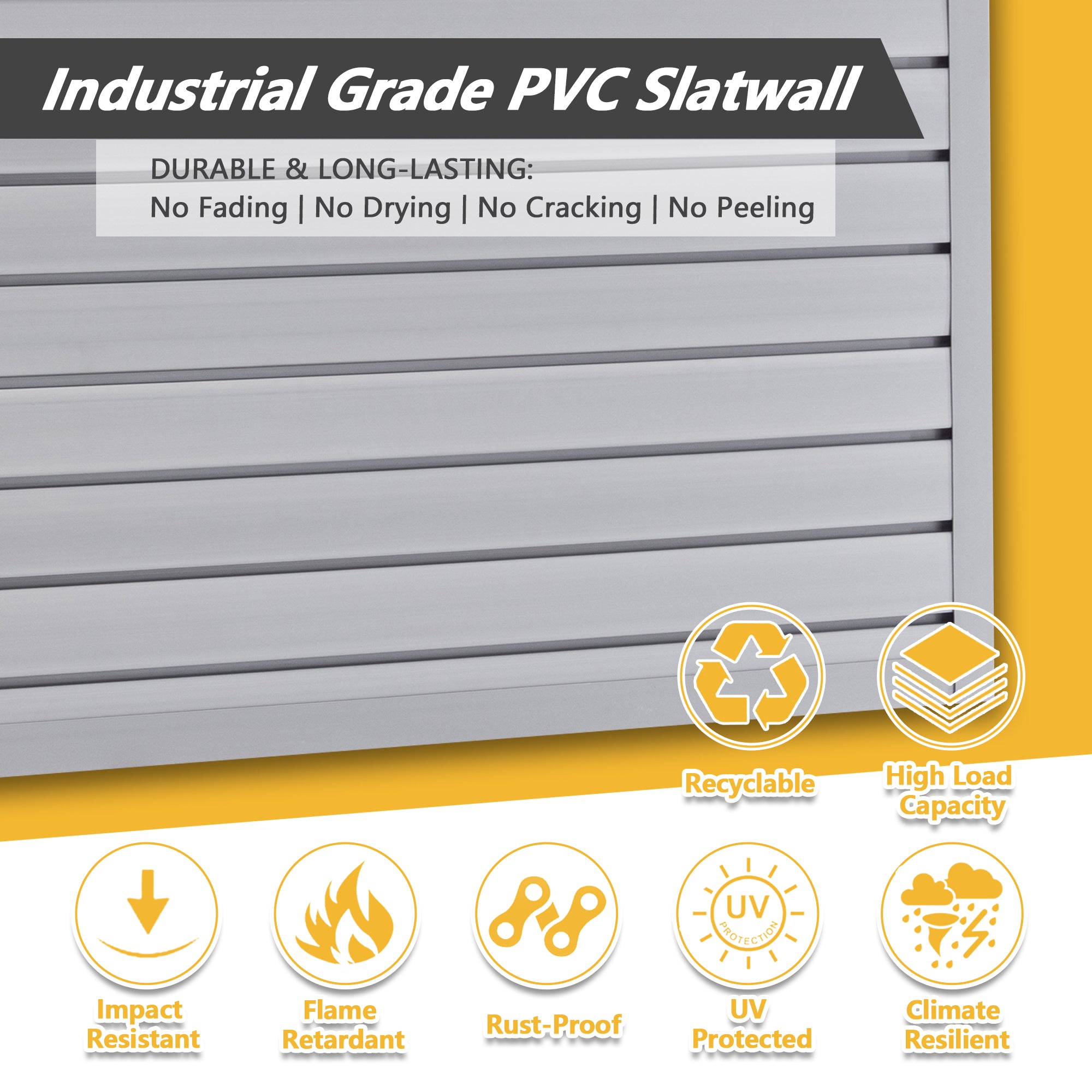 Charcoal dark grey CJ heavy-duty PVC slatwall garage organizer with 10 panels, wall-mounted tool rack system, industrial strength storage