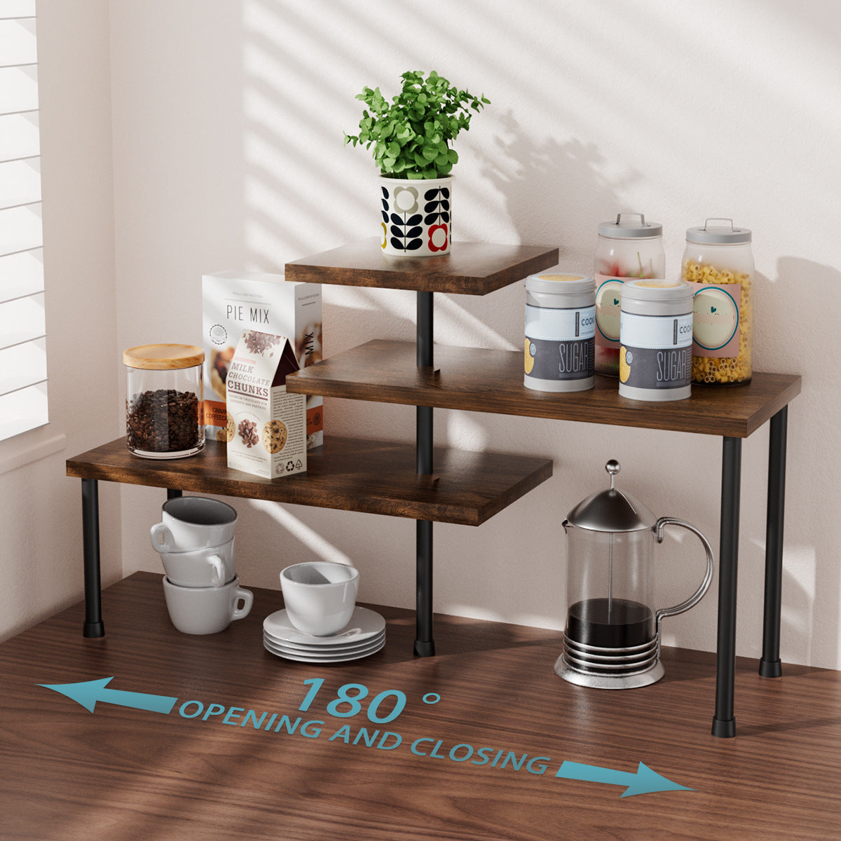 Multi-layer wooden kitchen spice storage rack by CJ, showing a natural wood finish with multiple shelves for organizing spices.