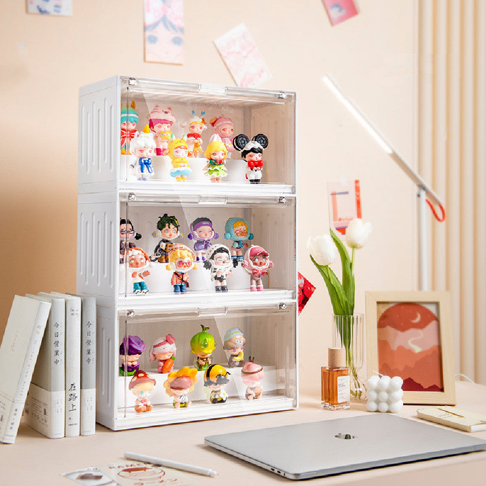 CJ Mart Blind Box Figures display case with garage kits, showcasing collectible figures in a clear, organized showcase.