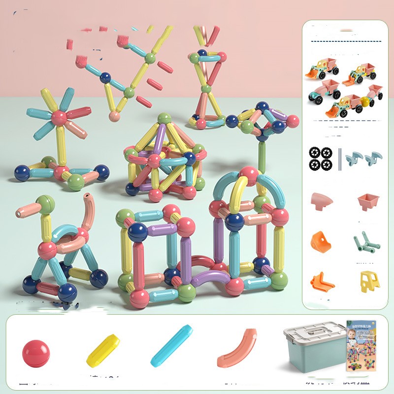 Colorful magnetic rod children's building blocks toys by CJ assembled into various creative structures.