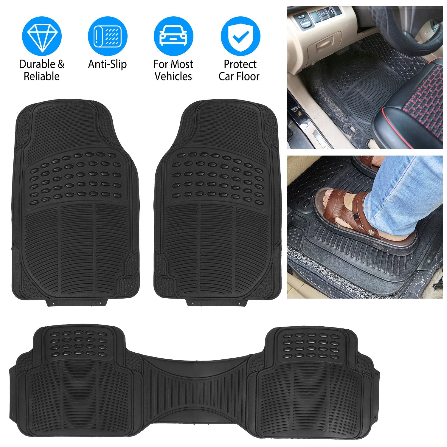 Set of three CJ automotive floor mats for cars, SUVs, and trucks, featuring heavy-duty PVC rubber with trimmable design for front and rear use.