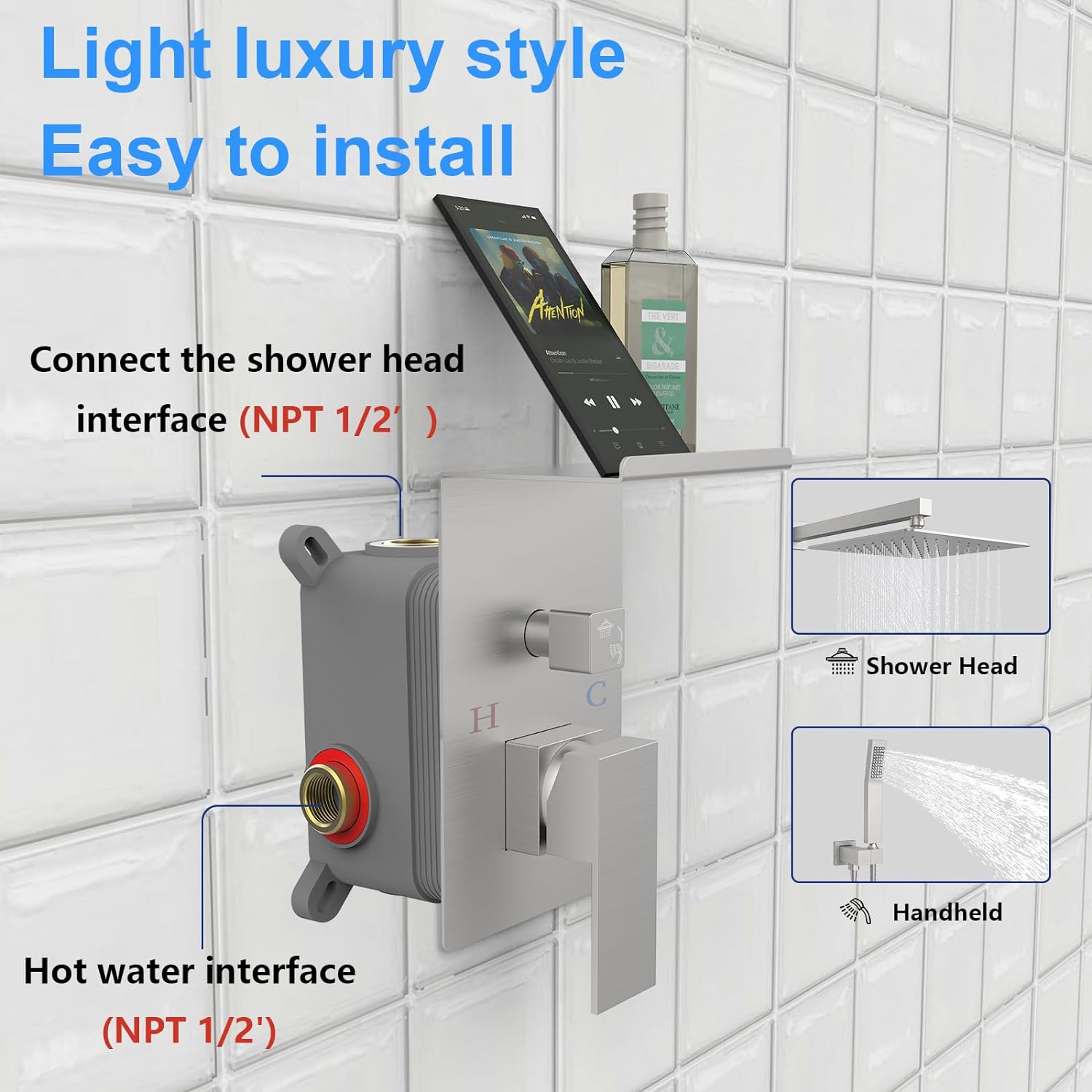 CJ rainwater shower system with storage rack, featuring a sleek design and multiple shower options for a modern bathroom.