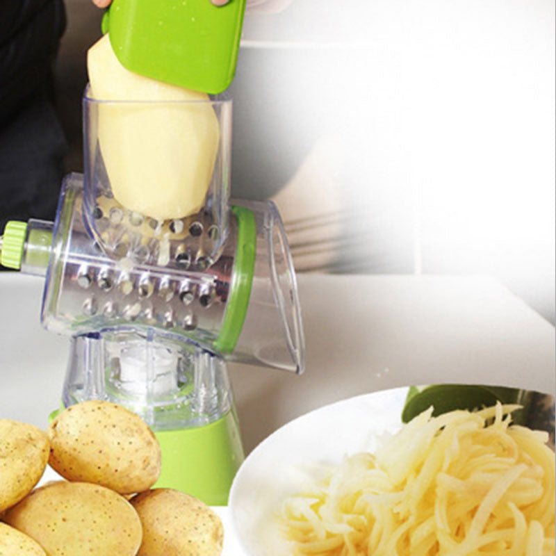 CJ Factory multi-function hand-cranked vegetable cutter with stainless steel blades and ergonomic handle, ideal for slicing and dicing vegetables.