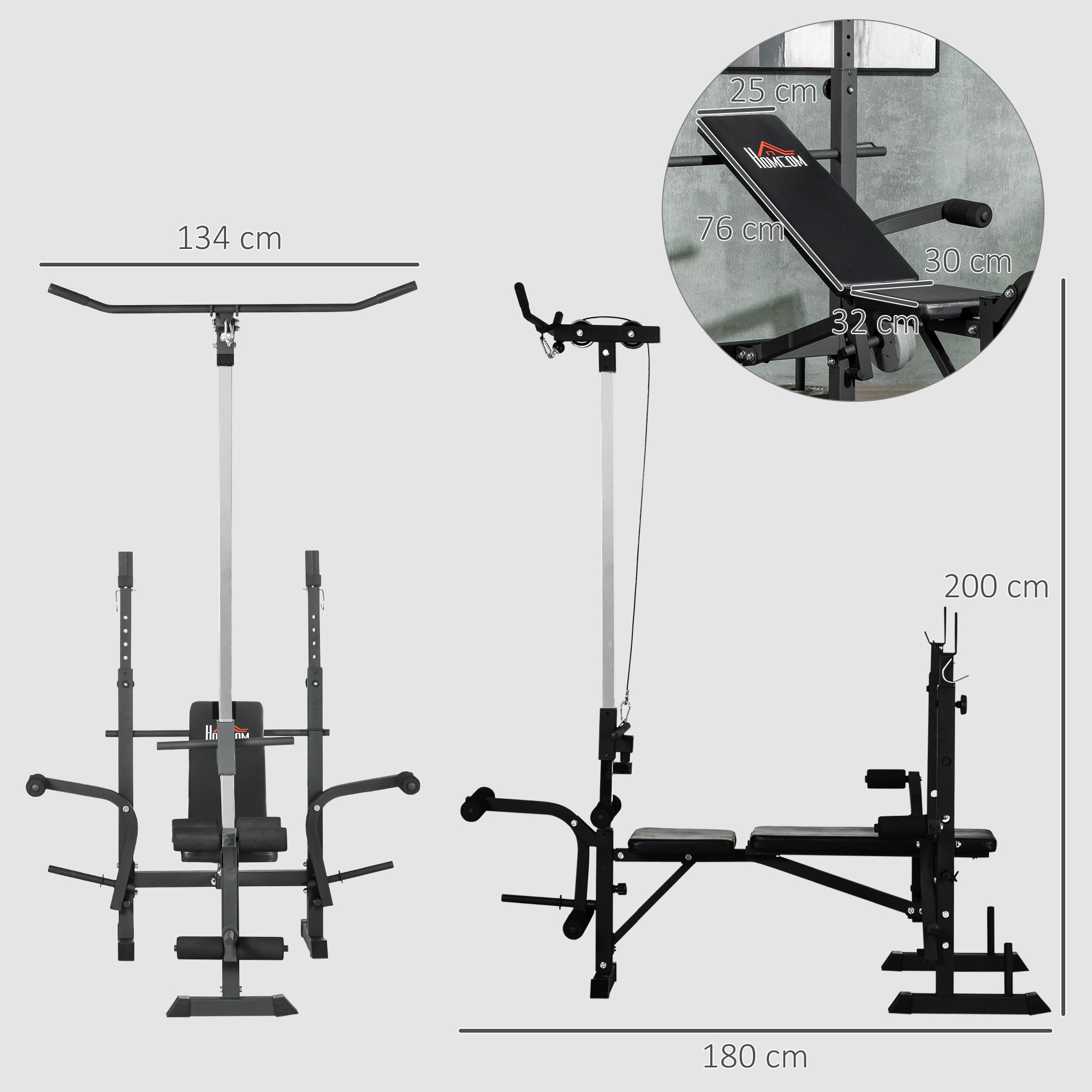 CJ adjustable weight bench with pulley system, incline press, squat rack, leg developer, butterfly, and weight storage for home gym.