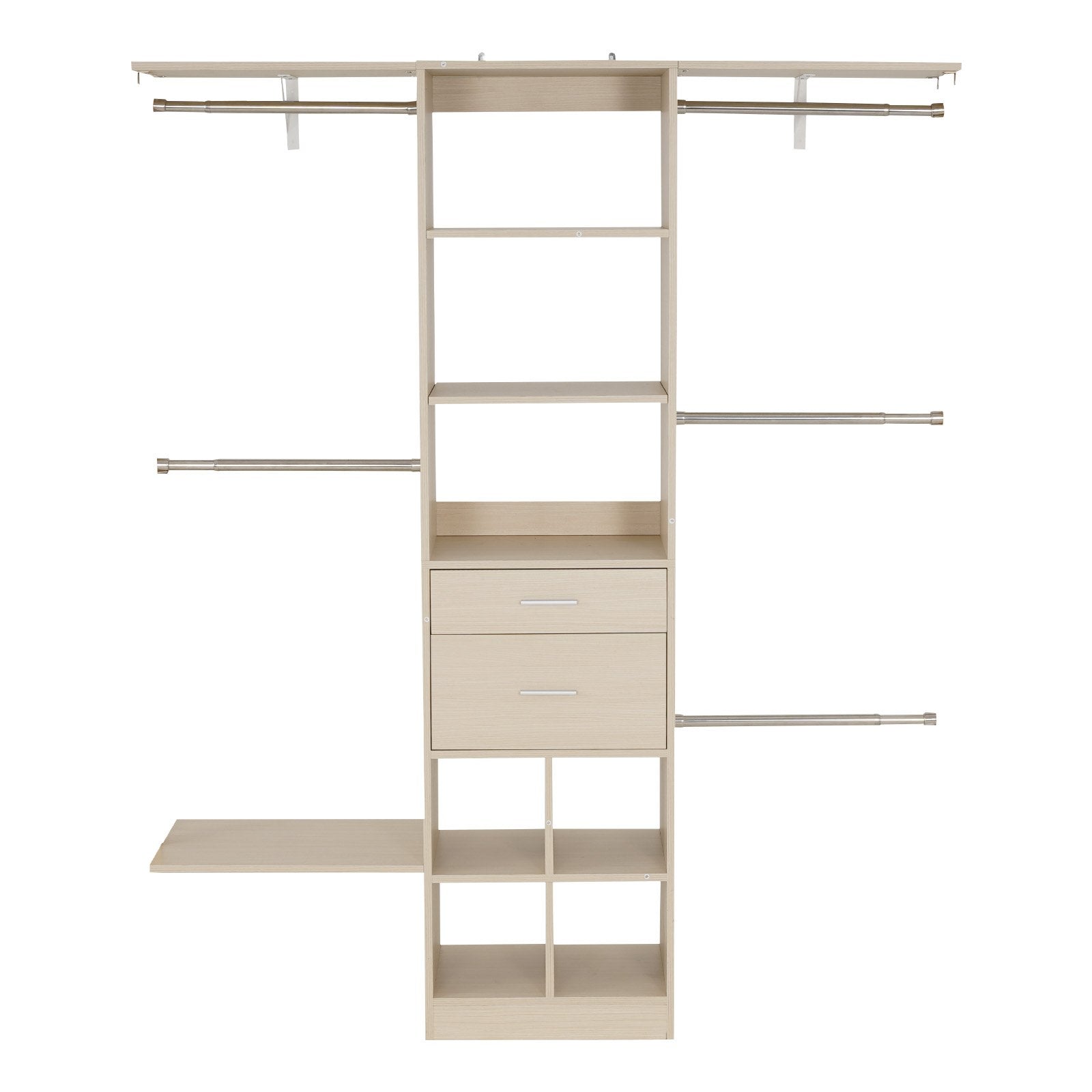 Modern grey closet system with 2 drawers, adjustable height wooden organizers, 5 retractable hanger rods, freestanding wardrobe.