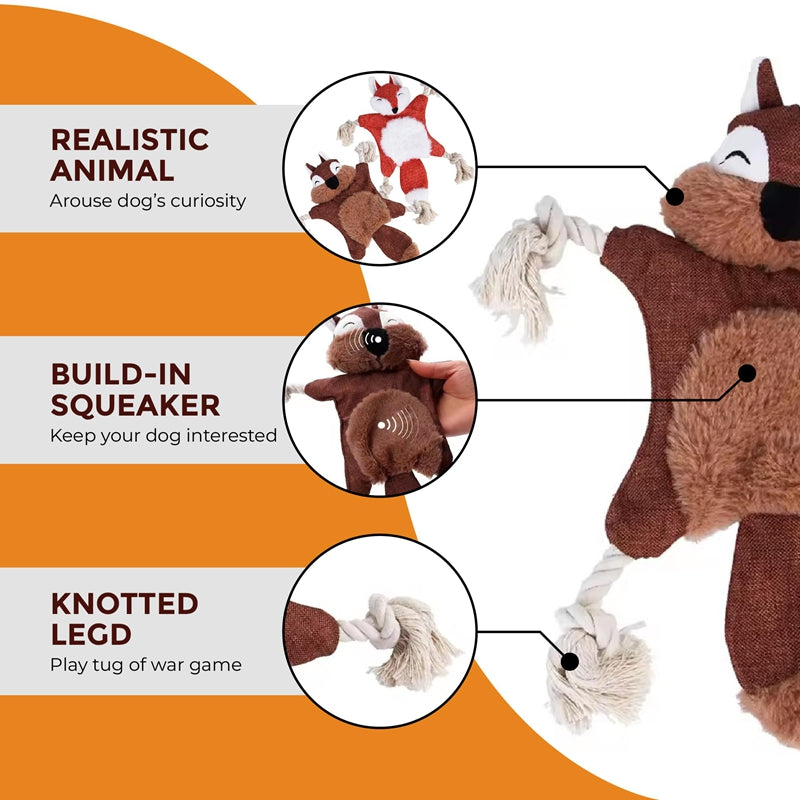 CJ plush dog toys featuring squeaky animal designs like fox, squirrel, and puppy for chewing and play.