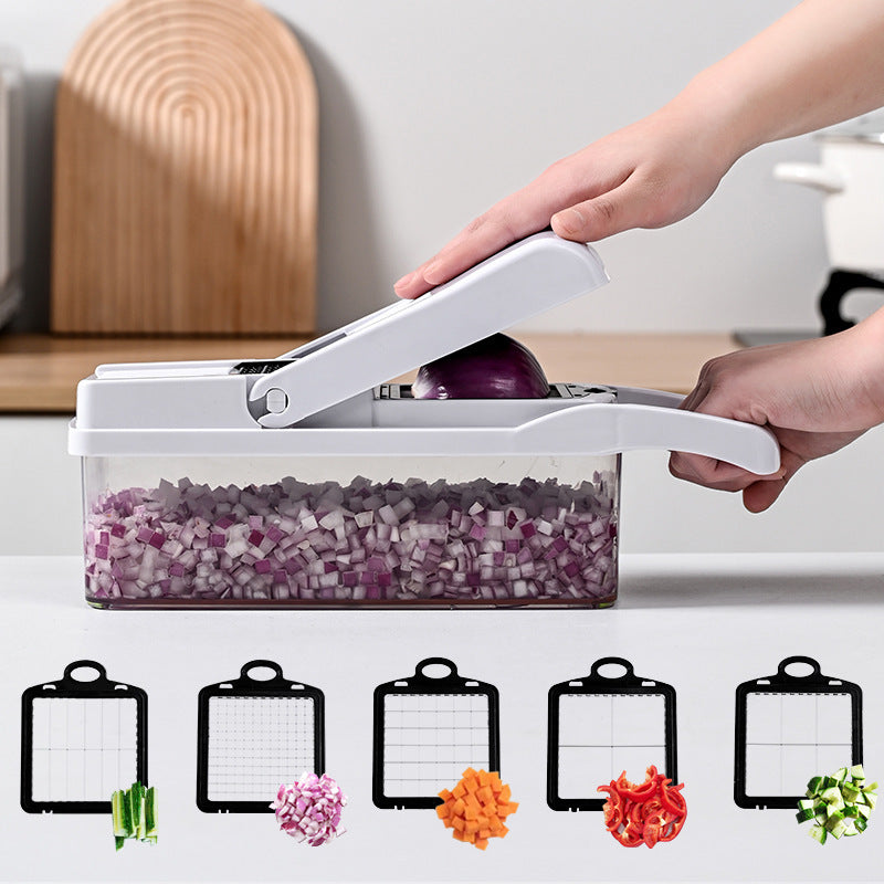 CJ multi-function vegetable chopper with stainless steel blades and colorful handle for easy vegetable slicing and dicing.