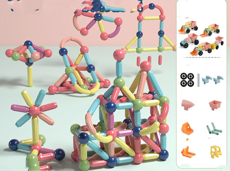 Children's magnetic building blocks toy by CJ, assembled with colorful rods and magnetic connectors for creative play.