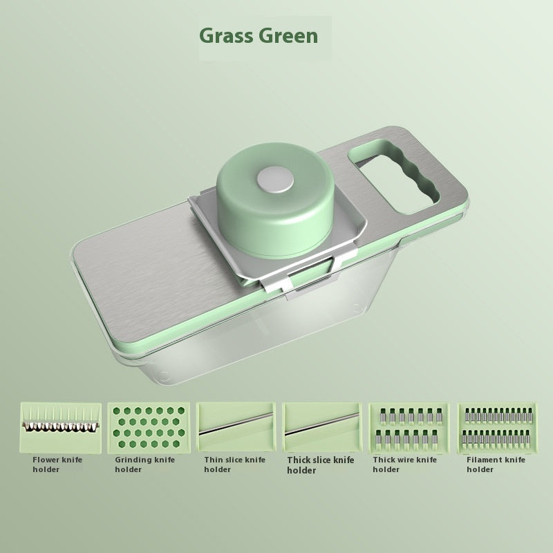 CJ stainless steel multi-function vegetable chopper with hand guard, designed for safe and efficient kitchen vegetable preparation.