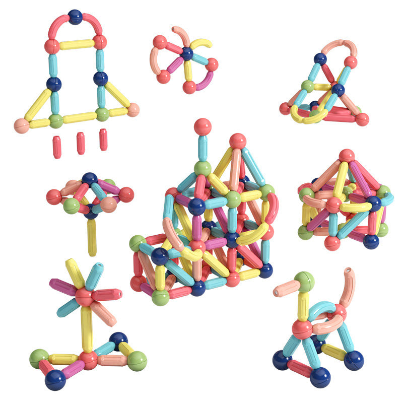 Colorful magnetic rod children's building blocks toys by CJ, assembled into various creative shapes and structures.