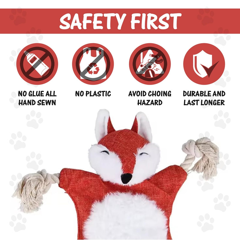 CJ plush dog toys featuring squeaky fox and squirrel shapes for chewing and playing, suitable for dogs and cats.