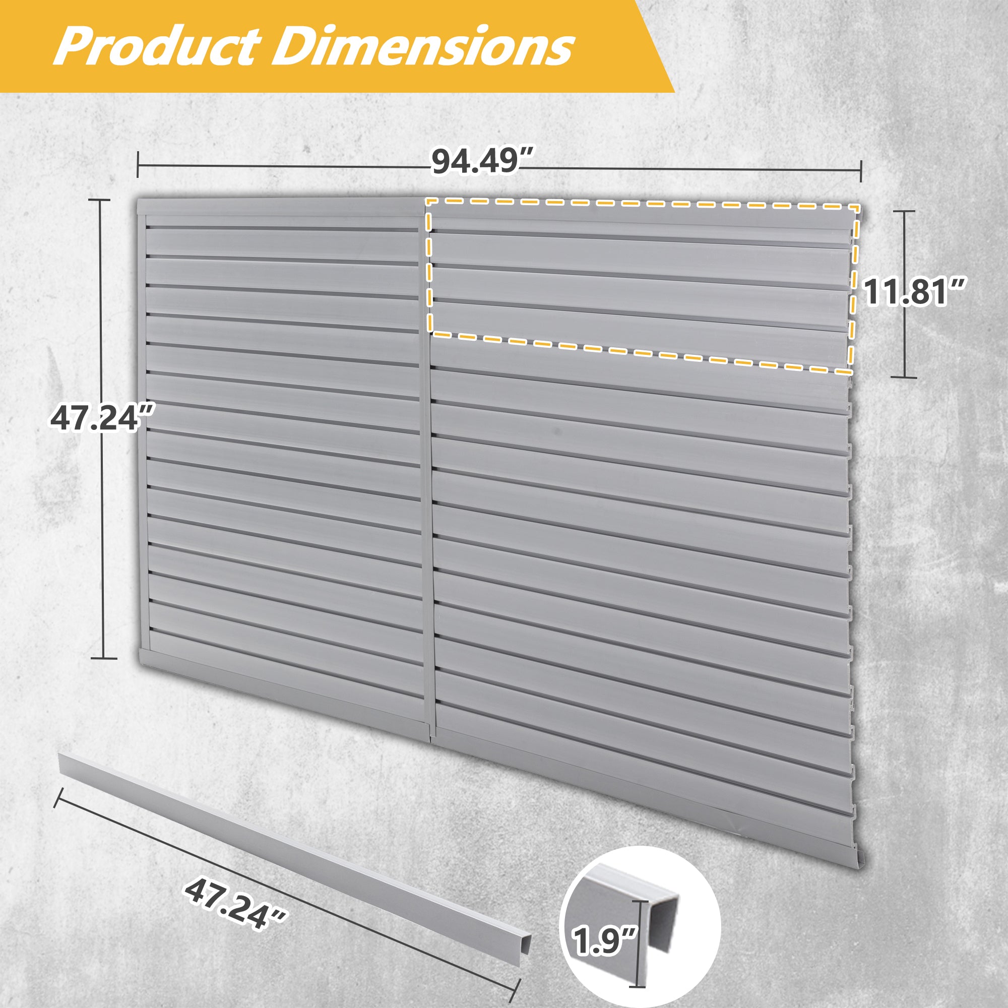 Charcoal grey heavy duty PVC slatwall garage organizer with 10 panels, wall-mounted tool rack system, industrial strength storage.