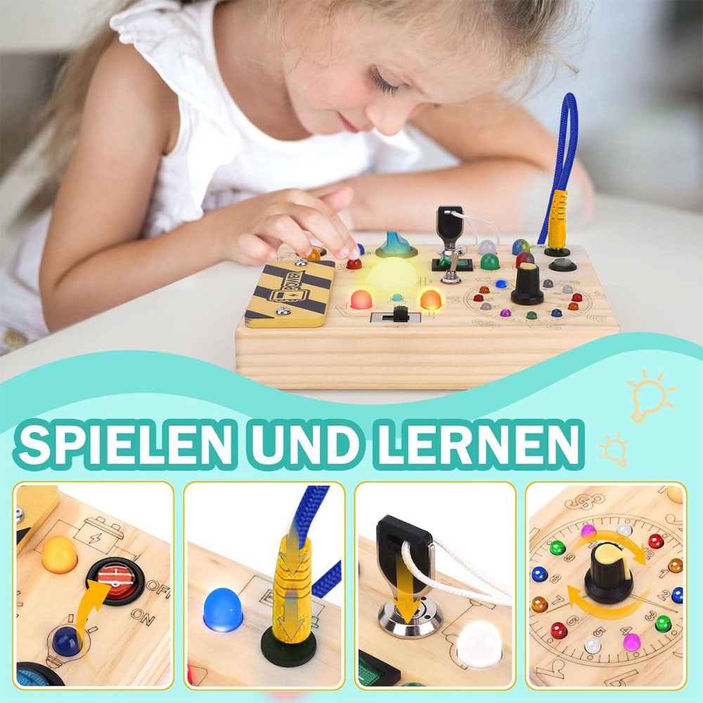 Montessori wooden busy board for toddlers by CJ featuring sensory toys and fidget activities on a colorful activity board.