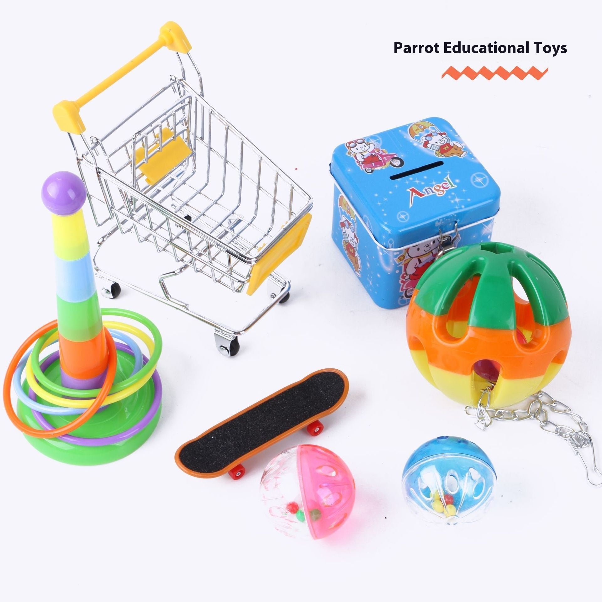 Colorful personalized pet bird toy suit by CJ, designed for bird enrichment and play, featuring multiple textured elements.
