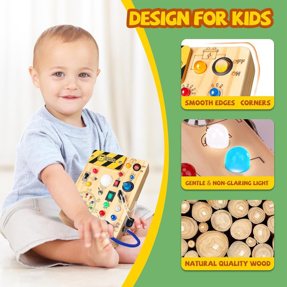 CJ Montessori wooden busy board for toddlers with sensory and fidget activities, featuring colorful wooden panels and interactive elements.