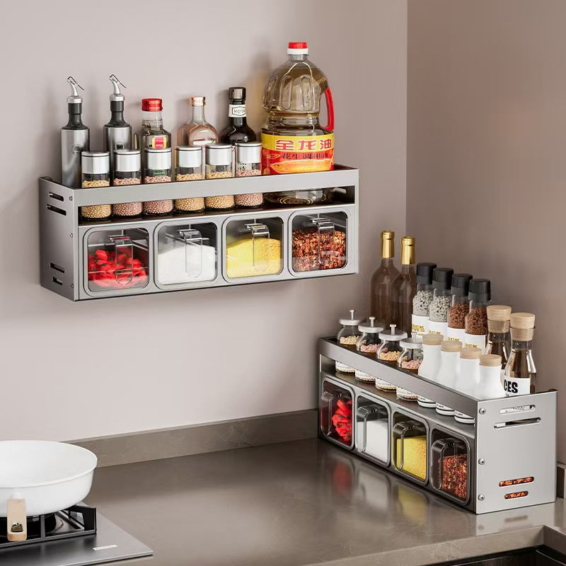 cj Household Fashion Kitchen Spice Storage Rack with multiple compartments for organizing spice jars and bottles.