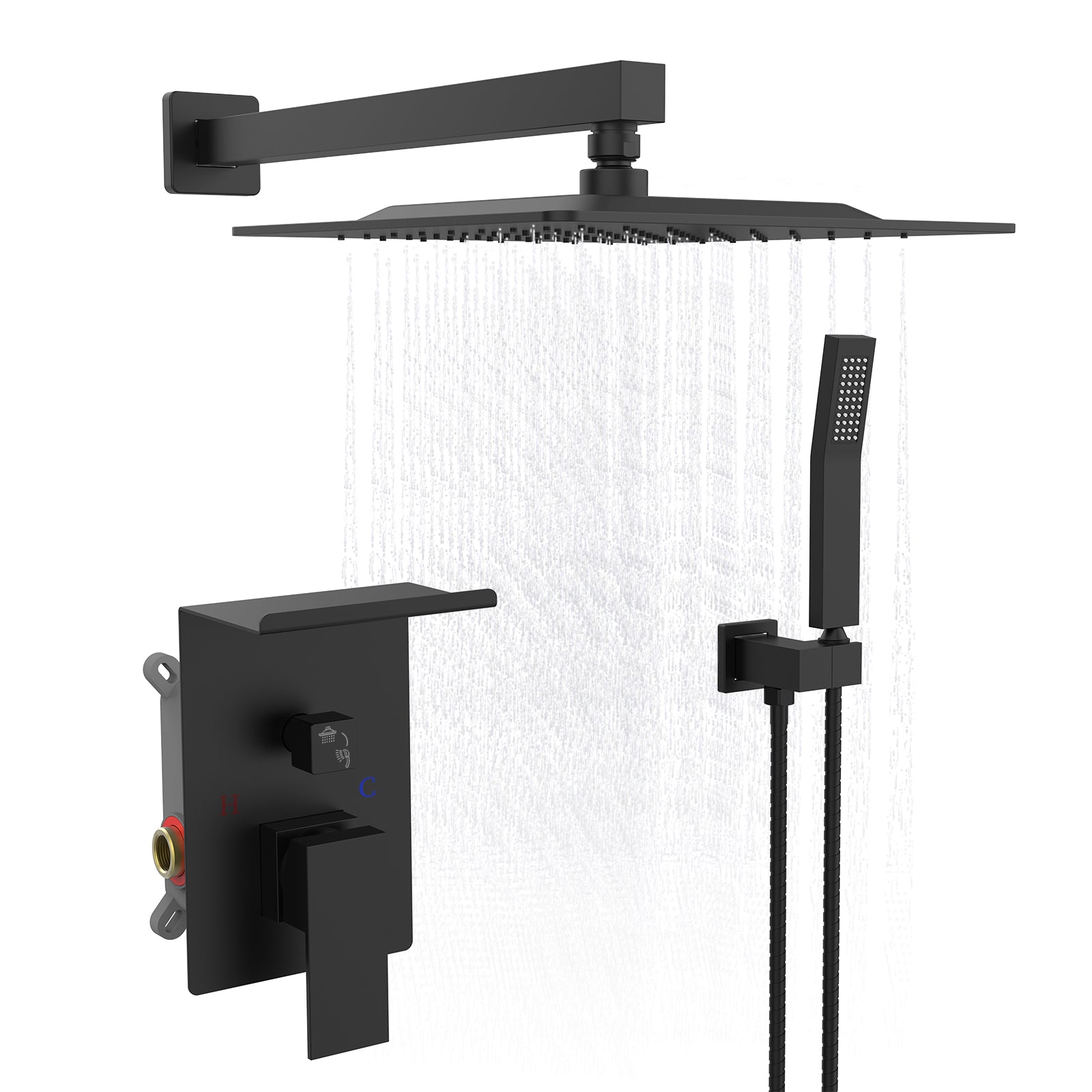 CJ rainwater shower system with storage rack, modern outdoor shower fixture with built-in shelf for accessories.
