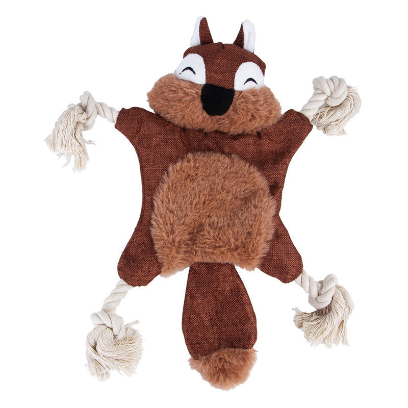 CJ stuffed dog toy with squeaky animal design, featuring a plush fox and squirrel for chewing and play.