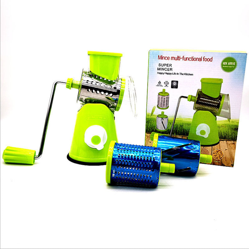 CJ Factory multi-function hand-cranked vegetable cutter with stainless steel blades and ergonomic handle for efficient food prep.