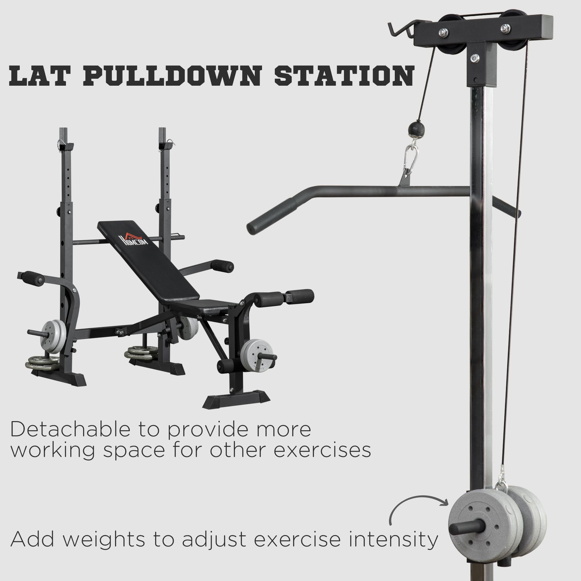 CJ adjustable weight bench with pulley system, incline press, squat rack, leg developer, butterfly, and weight storage for home gym.