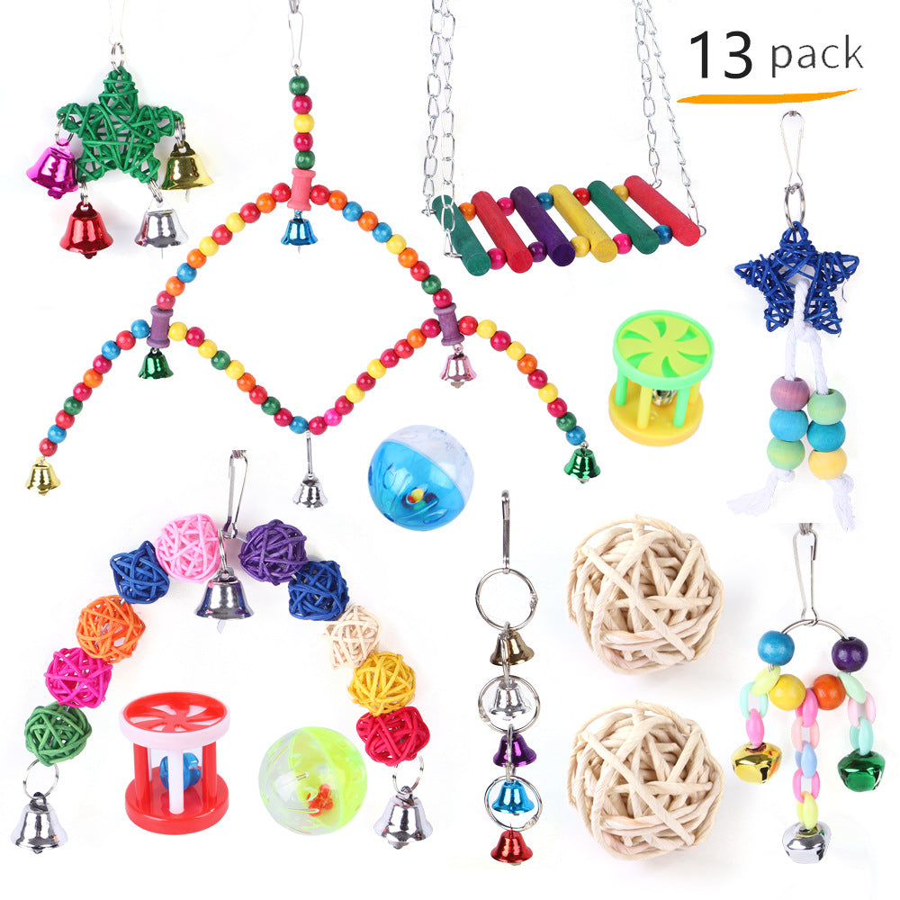 Colorful personalized pet bird toy from CJ, featuring hanging toys and vibrant accessories designed for pet birds.